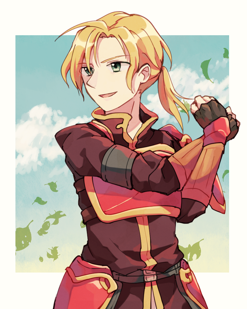 1boy armor blonde_hair fingerless_gloves fire_emblem fire_emblem:_seima_no_kouseki forde gloves green_eyes leaf long_hair low_ponytail male_focus open_mouth sisuko1016 sky solo