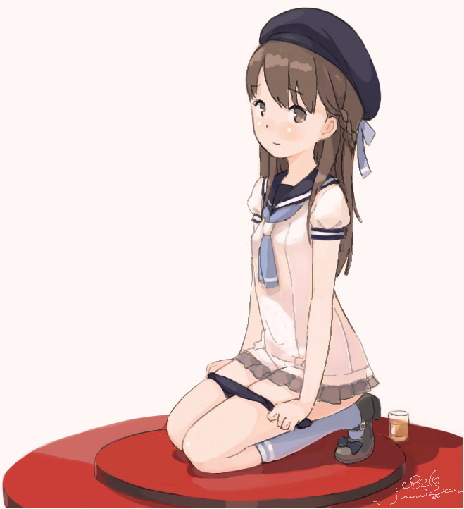 1girl bangs beret black_hat black_panties black_sailor_collar blue_bow blue_legwear blue_neckwear blush bow braid breasts brown_background brown_eyes brown_footwear brown_hair brown_skirt closed_mouth cup drink drinking_glass eyebrows_visible_through_hair hair_bow hat kneehighs kneeling kokudou_juunigou long_hair looking_at_viewer mary_janes original panties panty_pull pleated_skirt puffy_short_sleeves puffy_sleeves pulled_by_self sailor_collar school_uniform serafuku shirt shoes short_sleeves signature skirt small_breasts solo underwear white_shirt