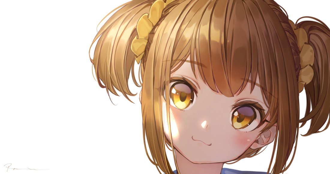 1girl :3 bangs blush brown_hair closed_mouth eyebrows_visible_through_hair face hair_ornament hair_scrunchie hakura_kusa head_tilt light looking_at_viewer poptepipic popuko portrait scrunchie short_hair short_twintails sidelocks signature simple_background solo twintails white_background yellow_eyes yellow_scrunchie