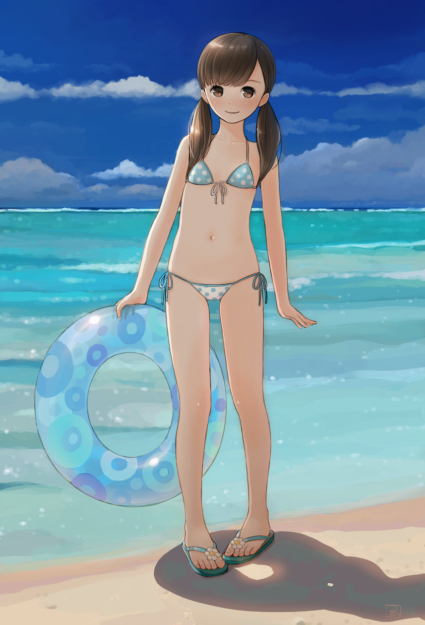 1girl arms_at_sides bangs bare_arms bare_legs beach bikini blue_bikini_top blue_sky blush brown_eyes brown_hair closed_mouth clouds collarbone day feet flat_chest flip-flops front-tie_bikini front-tie_top full_body green_footwear halter_top halterneck highres holding holding_innertube horizon innertube kokudou_juunigou long_hair looking_at_viewer low_twintails mismatched_bikini navel ocean original outdoors pigeon-toed polka_dot polka_dot_bikini polka_dot_swimsuit sandals shadow side-tie_bikini signature sky smile solo swimsuit toenails transparent twintails water white_bikini_bottom