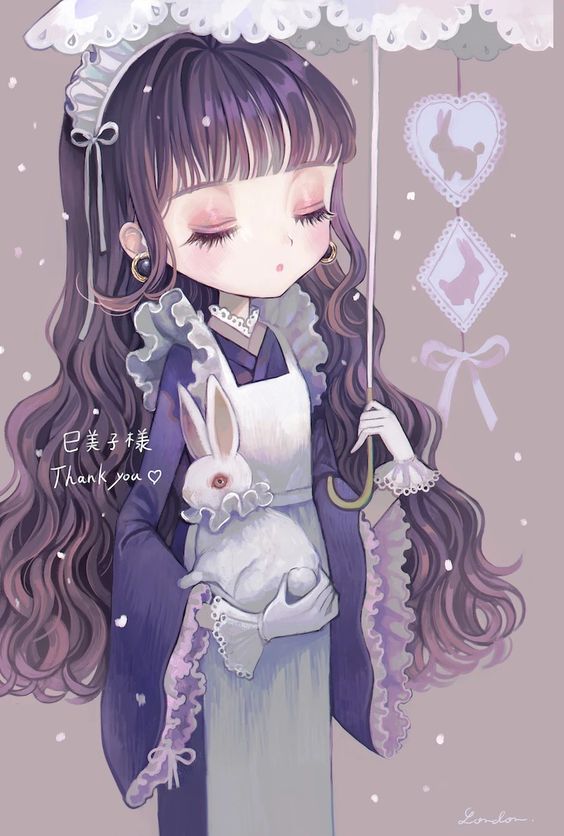 apron artist_request bow character_request closed_eyes copyright_request dress earrings eyeshadow frilled_dress frills gothic gothic_lolita hime_cut jewelry lolita_fashion long_hair long_sleeves makeup non-web_source parasol purple_hair rabbit source_request umbrella very_long_hair wavy_hair white_apron