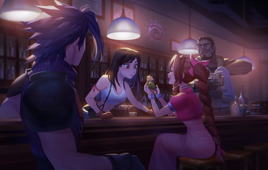 aerith_gainsborough barret_wallace black_hair bow braid breasts brown_hair cloud_strife cropped_jacket dress final_fantasy final_fantasy_vii ginmu gloves hair_ribbon long_dress long_hair low-tied_long_hair miniskirt multiple_boys pencil_skirt pink_bow pink_dress ponytail ribbon single_braid skirt sleeveless sleeveless_turtleneck spiky_hair suspender_skirt suspenders tank_top tifa_lockhart turtleneck zack_fair