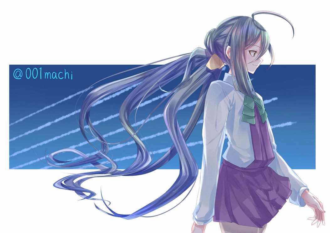 001machi 1girl ahoge blue_sky condensation_trail grey_eyes grey_hair grey_legwear hair_between_eyes hair_bun halterneck kantai_collection kiyoshimo_(kantai_collection) long_hair low_twintails pantyhose profile ribbon shirt sky solo twintails twitter_username very_long_hair white_shirt yellow_ribbon