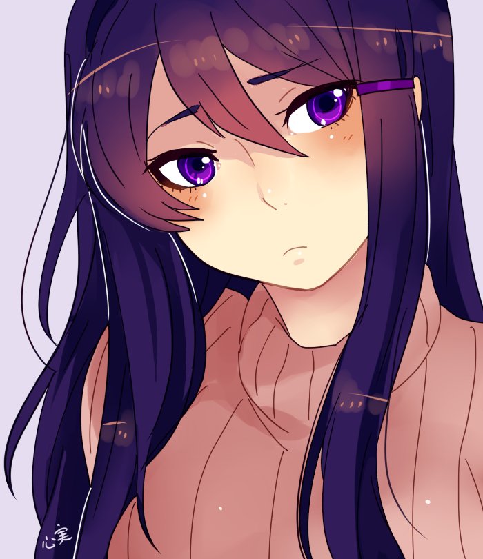 1girl closed_mouth commentary doki_doki_literature_club eyebrows_visible_through_hair frown hair_between_eyes hair_ornament hairclip kokomi_(aniesuakkaman) long_hair purple_hair solo sweater violet_eyes yuri_(doki_doki_literature_club)