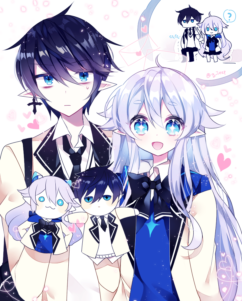 1boy 1girl :3 ? ahoge alternate_costume blue_eyes blue_hair ciel_(elsword) collared_shirt demon_power_(elsword) earrings elsword g_ieep heart hood hoodie horns jewelry long_hair luciela_r._sourcream mail necktie pointy_ears puppet ribbon school_uniform shirt short_hair smile sweatdrop symbol-shaped_pupils twitter_username white_hair