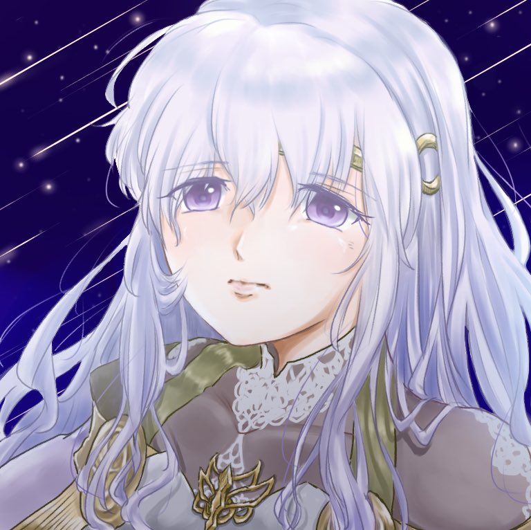 1girl blue_eyes diadora_(fire_emblem) dress fire_emblem fire_emblem:_seisen_no_keifu jewelry looking_at_viewer necklace shooting_star solo wavy_hair white_hair