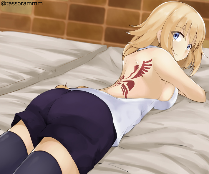 1girl ass back_tattoo backless_outfit bangs bare_shoulders black_legwear black_shorts blonde_hair blue_eyes braid breasts closed_mouth commentary_request eyebrows_visible_through_hair fate/apocrypha fate/grand_order fate_(series) hair_between_eyes indoors jeanne_d'arc_(fate) jeanne_d'arc_(fate)_(all) long_hair looking_at_viewer looking_back lying medium_breasts on_stomach shirt short_shorts shorts sideboob sleeveless sleeveless_shirt solo tasora tattoo thigh-highs twitter_username very_long_hair white_shirt