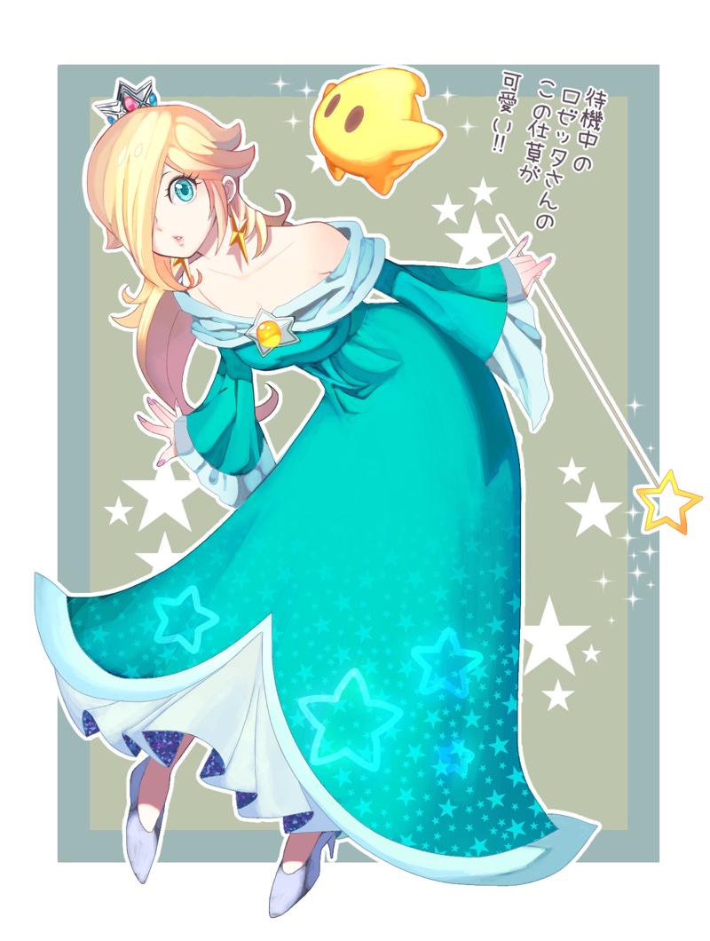 1girl bare_shoulders blonde_hair blue_eyes blush chiko_(mario) crown dress earrings hair_over_one_eye jewelry long_hair super_mario_bros. omochi_(glassheart_0u0) rosetta_(mario) star super_mario_bros. super_mario_galaxy translation_request wand