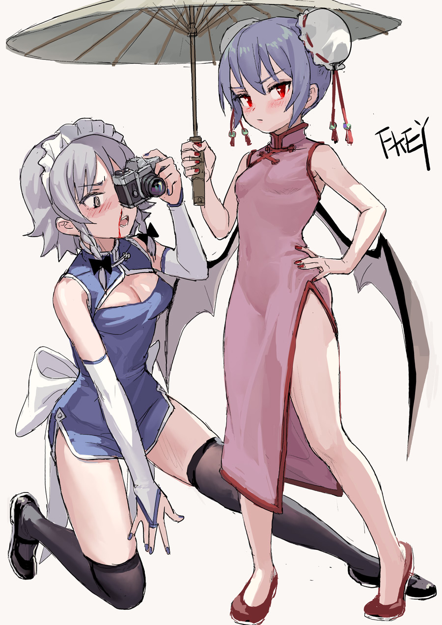2girls :o @_@ alternate_costume artist_name bare_arms bare_legs bare_shoulders bat_wings black_bow black_eyes black_footwear black_legwear blood blue_dress blue_hair blue_nails blush bow braid breasts bridal_gauntlets bun_cover camera china_dress chinese_clothes chinese_commentary cleavage commentary_request double_bun dress fkey full_body gloves grey_background hair_bow hand_on_hip hand_up highres holding holding_camera holding_umbrella izayoi_sakuya looking_at_another looking_at_viewer maid_headdress mary_janes medium_breasts multiple_girls nail_polish nosebleed one_eye_covered open_mouth oriental_umbrella pink_dress red_eyes red_footwear red_nails remilia_scarlet shoes short_dress side_slit signature silver_hair simple_background small_breasts standing thigh-highs touhou twin_braids umbrella v-shaped_eyebrows white_gloves wings