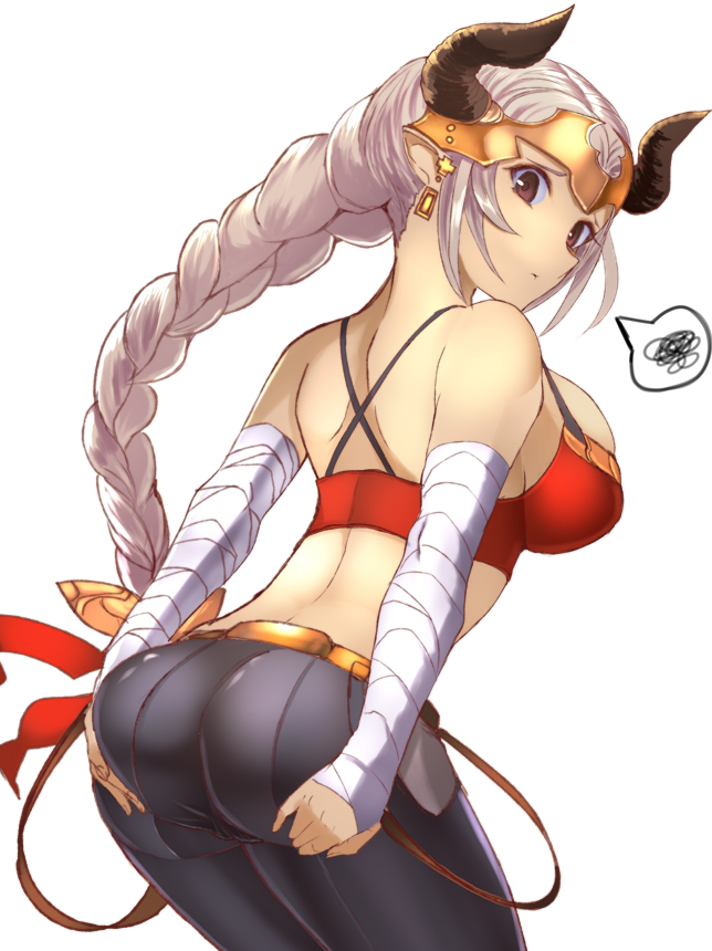 1girl aliza_(granblue_fantasy) ass blush breasts draph granblue_fantasy hand_on_ass headpiece horns koucha_maru large_breasts long_hair looking_back pants pointy_ears ponytail red_eyes silver_hair solo tight tight_pants