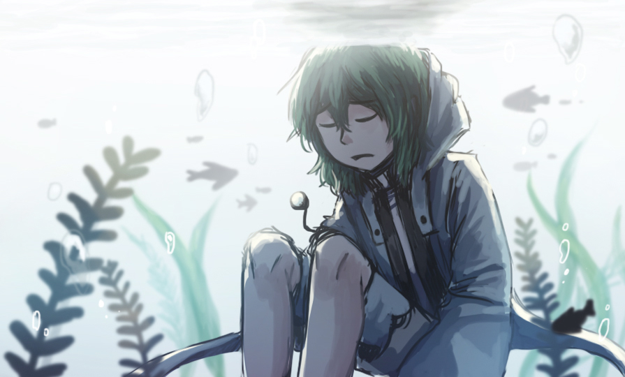 1other androgynous closed_eyes evanescent_existence green_hair hood hooded_jacket hoodie jacket len'en necktie shitodo_aoji short_hair shorts sitting solo underwater yamanoskk