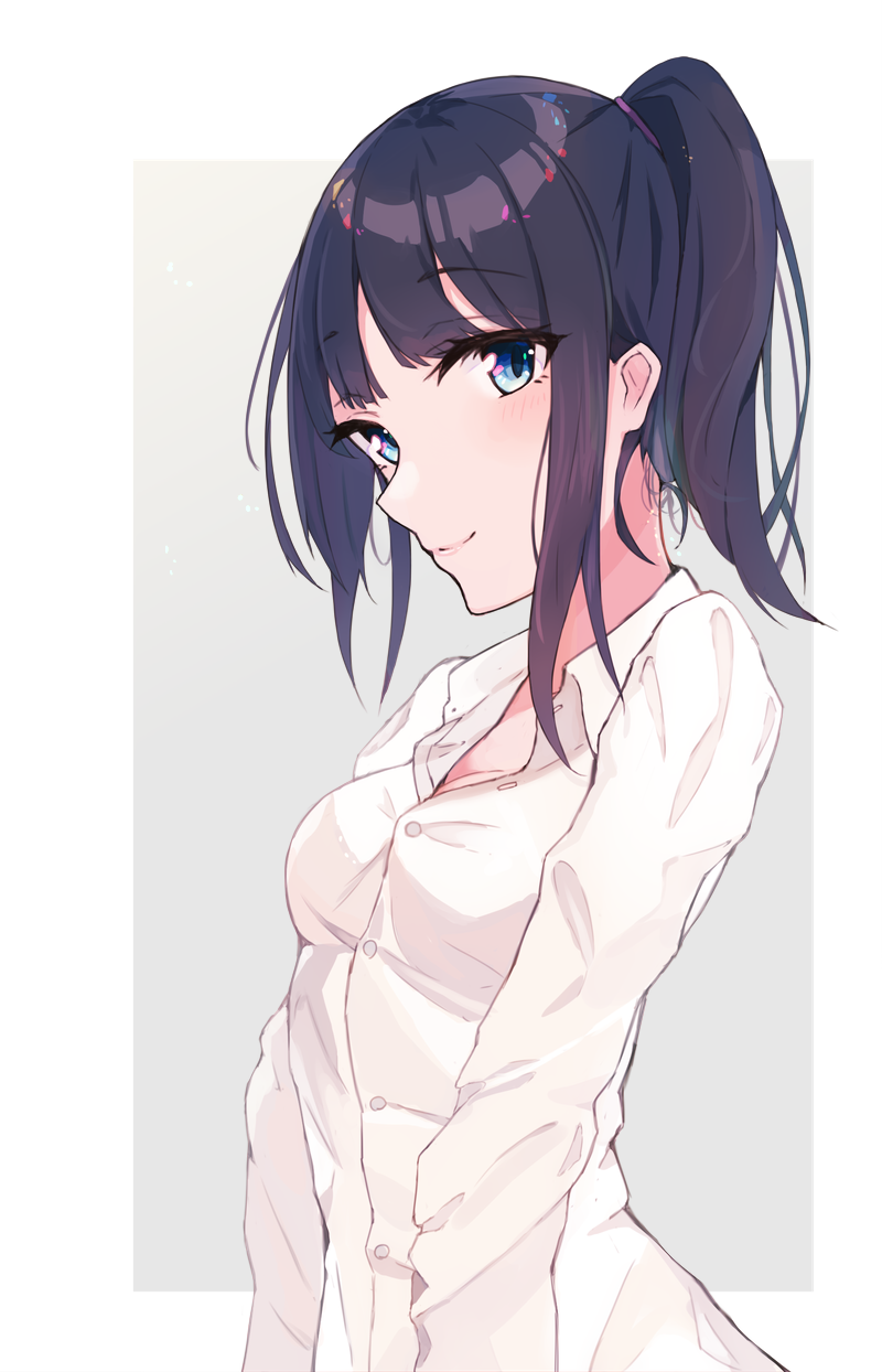 1girl arms_at_sides bangs black_hair blue_eyes blunt_bangs blush breasts buttons cleavage collared_shirt eyebrows_visible_through_hair eyelashes gradient gradient_background grey_background hair_ribbon highres hyakunin_momoko long_hair looking_at_viewer looking_to_the_side medium_breasts original partially_unbuttoned ponytail rectangle ribbon shiny shiny_hair shirt sidelocks simple_background smile solo tareme white_background white_shirt