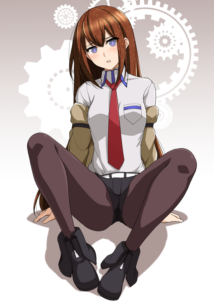 1girl ass belt black_legwear blush boots breasts brown_hair haruhisky highres jacket long_hair looking_at_viewer makise_kurisu medium_breasts necktie off_shoulder open_mouth pantyhose shorts sitting solo spread_legs steins;gate violet_eyes