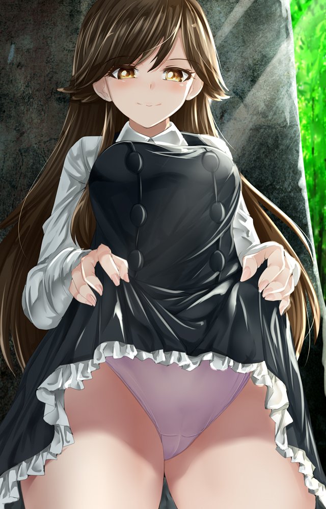 1girl arashio_(kantai_collection) bangs black_legwear blush brown_eyes brown_hair commentary cowboy_shot crotch_seam double-breasted dress dress_lift fingernails frilled_dress frills kantai_collection lifted_by_self light_rays long_hair long_sleeves looking_at_viewer makumaxu panties pinafore_dress remodel_(kantai_collection) school_uniform smile solo sunbeam sunlight underwear