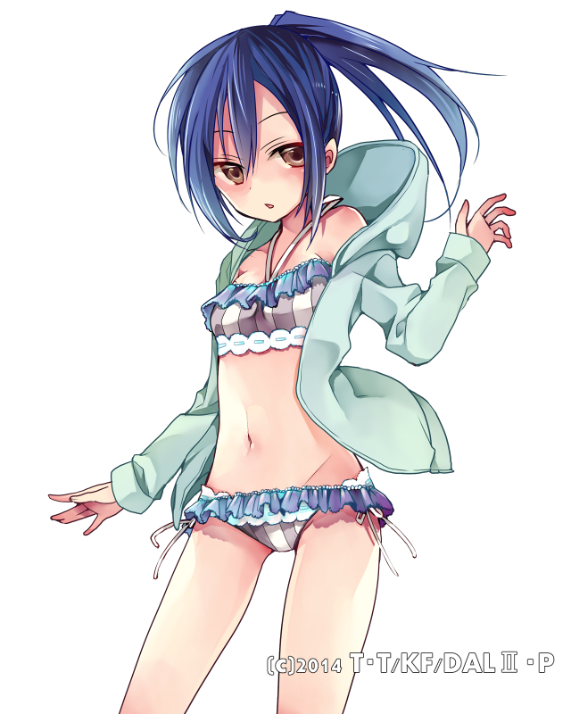 1girl aqua_jacket bikini blue_hair blush breasts brown_eyes collarbone cowboy_shot date_a_live floating_hair frilled_bikini frills groin hair_between_eyes hibiki_mio hood hooded_jacket jacket long_hair navel open_clothes open_jacket open_mouth side-tie_bikini side_ponytail simple_background small_breasts solo standing striped swimsuit takamiya_mana vertical-striped_bikini vertical_stripes white_background