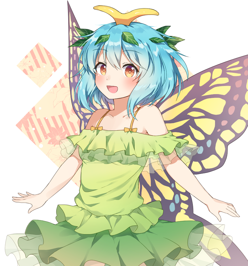 1girl :d alternate_costume antennae bangs bare_shoulders blue_hair blush bow breasts brown_eyes butterfly_wings caramell0501 collarbone commentary_request cowboy_shot dress eternity_larva eyebrows_visible_through_hair green_dress hair_between_eyes hair_ornament layered_dress leaf leaf_hair_ornament leaf_on_head long_hair looking_at_viewer off-shoulder_dress off_shoulder open_mouth orange_bow short_hair simple_background sleeveless sleeveless_dress small_breasts smile solo standing touhou white_background wings