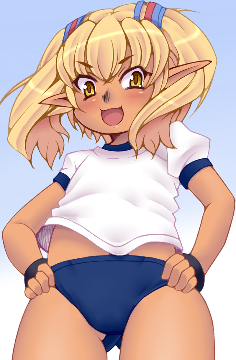 1girl :d ass_visible_through_thighs bangs blonde_hair blue_buruma blush buruma cowboy_shot crossed_bangs dark_skin eyebrows eyebrows_visible_through_hair final_fantasy final_fantasy_xi flat_chest gradient gradient_background gym_shirt hands_on_hips highres kihaiu legs_apart open_mouth pointy_ears puffy_short_sleeves puffy_sleeves shantotto shirt short_hair short_sleeves smile solo standing tarutaru thighs v-shaped_eyebrows white_shirt yellow_eyes