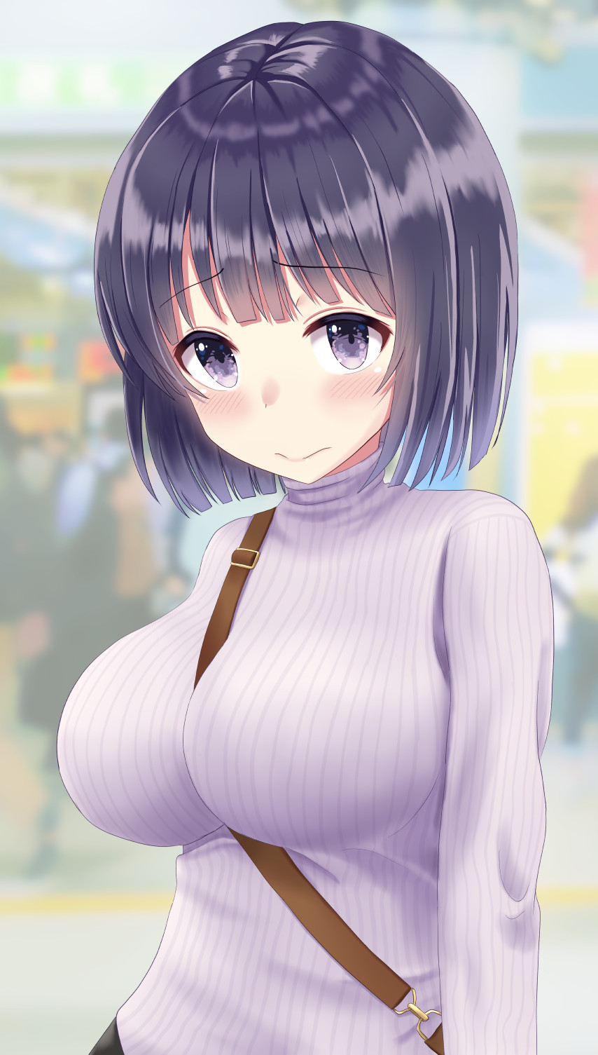 1girl bangs between_breasts black_eyes black_hair blurry blurry_background blush breasts closed_mouth commentary_request depth_of_field eyebrows_visible_through_hair highres large_breasts long_hair looking_at_viewer mimikaki_(men_bow) original ribbed_sweater short_hair shoulder_pads solo strap_cleavage sweater turtleneck turtleneck_sweater white_sweater