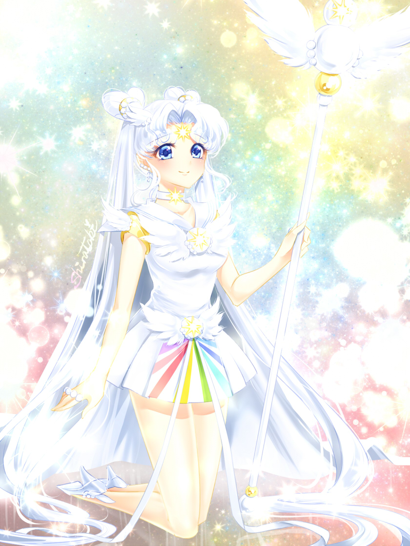 1girl bare_legs bishoujo_senshi_sailor_moon blue_eyes brooch choker closed_mouth double_bun dress facial_mark forehead_mark full_body hair_ornament hairpin high_heels holding holding_staff jewelry kneeling light_particles long_hair magical_girl miniskirt rainbow_background ribbon ring sailor_collar sailor_cosmos sailor_senshi_uniform shirataki_kaiseki signature skirt smile solo sparkle staff twintails white_dress white_footwear white_hair white_neckwear white_ribbon white_sailor_collar