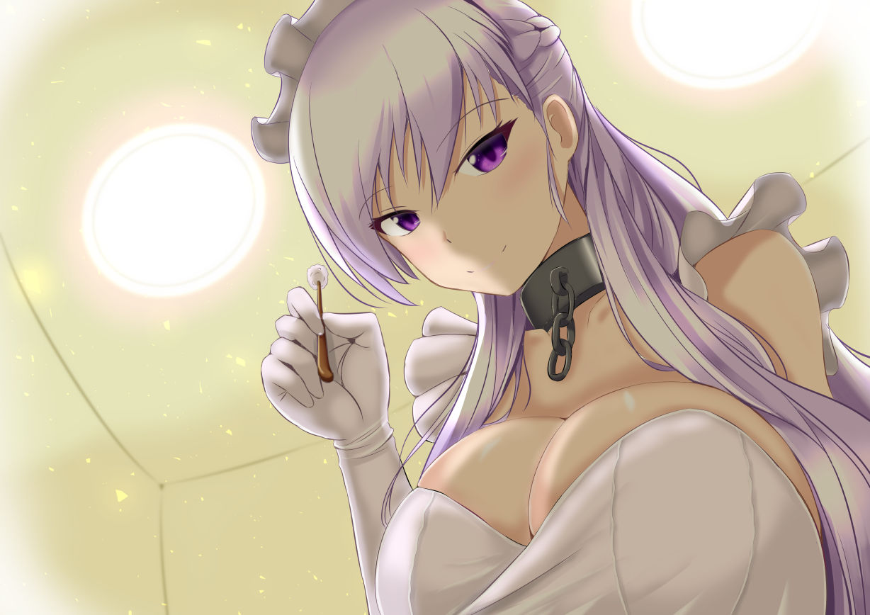 1girl apron azur_lane bangs bare_shoulders belfast_(azur_lane) braid breasts chains cleavage collar collarbone commentary_request ear_picking eyebrows_visible_through_hair french_braid frilled_apron frills from_below gloves large_breasts lights maid maid_apron maid_headdress mamoribito2017 mimikaki silver_hair violet_eyes white_apron white_gloves