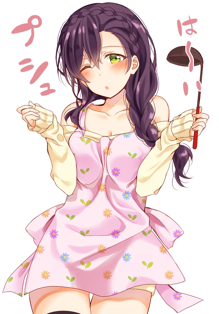 10s 1girl ;o alternate_hairstyle apron blush braid breasts cleavage clenched_hands collarbone commentary_request cowboy_shot crown_braid floral_print green_eyes hair_over_shoulder hands_up holding ladle long_hair looking_at_viewer love_live! love_live!_school_idol_project mogu_(au1127) off-shoulder_sweater one_eye_closed pink_apron print_apron purple_hair simple_background single_braid sleeves_past_wrists solo standing sweater thigh_gap toujou_nozomi translation_request white_background yellow_sweater