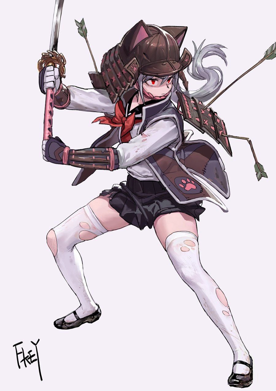 1girl animal_hat armor arrow artist_name black_footwear black_skirt cat_hat closed_mouth fkey full_body grey_hair hat helmet highres holding holding_sword holding_weapon japanese_armor kabuto katana legs_apart long_sleeves mary_janes miniskirt original pleated_skirt ponytail red_eyes school_uniform serafuku shoes signature skirt sode solo standing sword thigh-highs torn_clothes torn_thighhighs weapon white_legwear