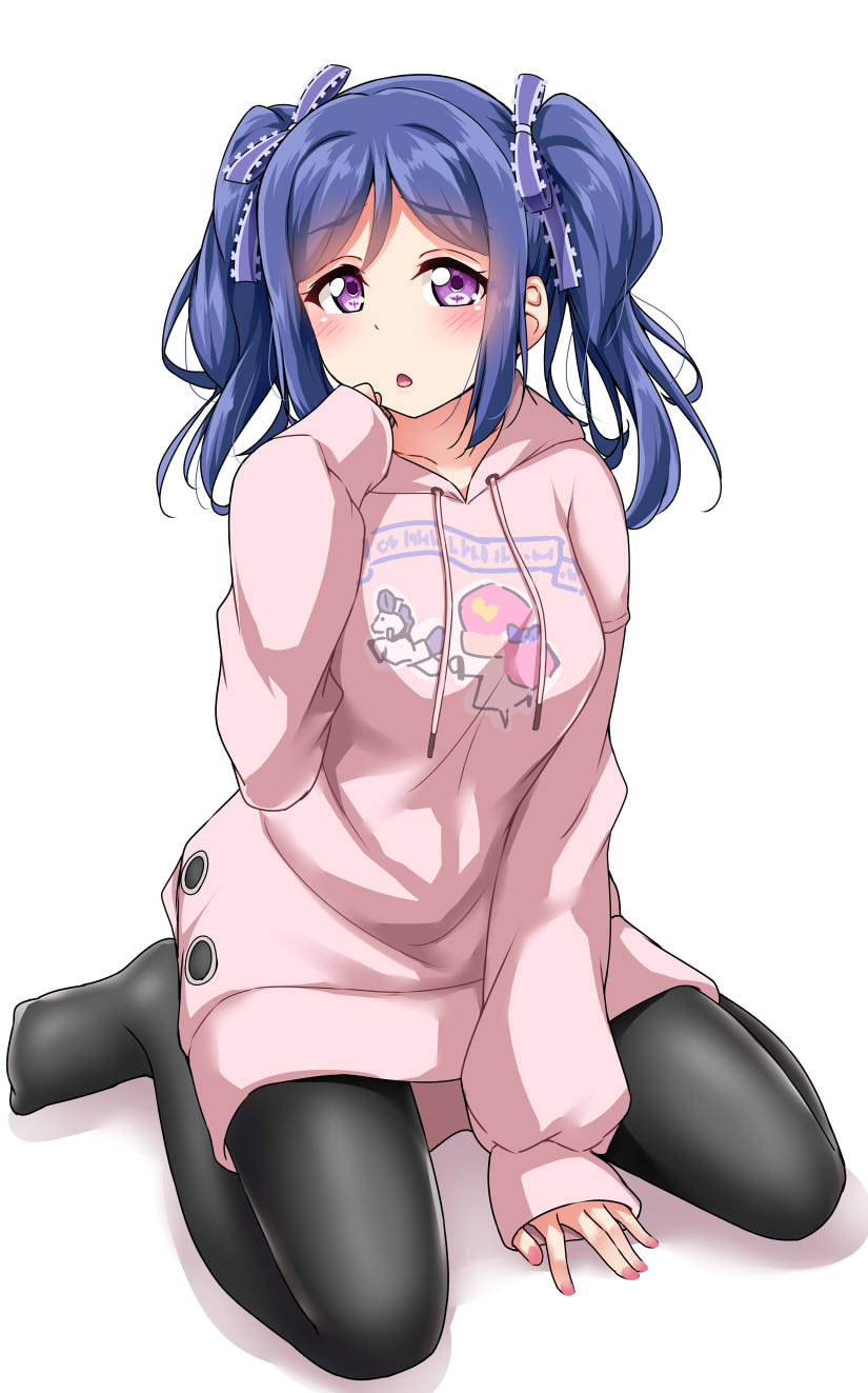 1girl :o alternate_hairstyle between_legs black_legwear blue_hair blue_ribbon blush commentary_request drawstring eyebrows_visible_through_hair hair_ribbon hand_between_legs hand_to_own_mouth hand_up highres hood hood_down hoodie looking_at_viewer love_live! love_live!_sunshine!! matsuura_kanan nail_polish no_pants no_shoes open_mouth pantyhose pink_hoodie pink_nails print_hoodie ribbon sitting sleeves_past_wrists solo twintails violet_eyes wariza white_background yopparai_oni