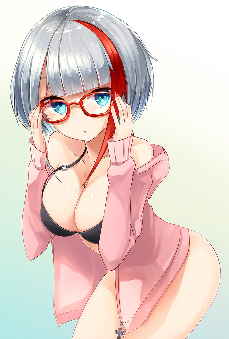 1girl :o admiral_graf_spee_(azur_lane) alternate_breast_size alternate_costume ass azur_lane bangs bare_shoulders bikini black_bikini blue_eyes blunt_bangs blush breasts cleavage eyebrows_visible_through_hair glasses gradient gradient_background hand_on_eyewear hood hood_down hoodie iron_cross large_breasts leaning_forward long_sleeves looking_at_viewer multicolored_hair nail_polish o-ring_top off_shoulder open_clothes open_mouth open_shirt oshishio pink_hoodie red-framed_eyewear red_nails redhead silver_hair simple_background solo streaked_hair swimsuit thighs