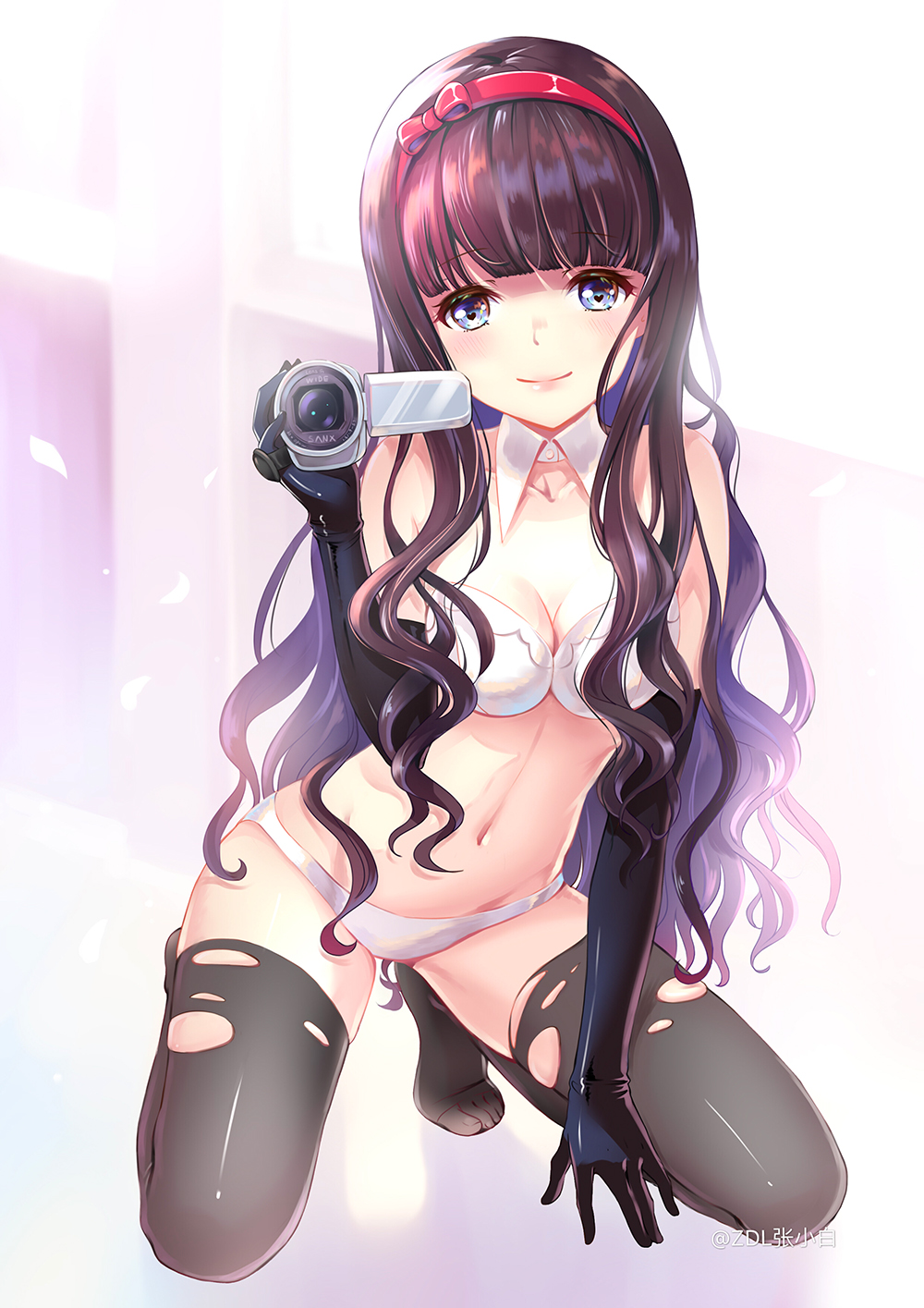 1girl black_gloves black_hair black_legwear blue_eyes bra breasts card_captor_sakura cleavage daidouji_tomoyo detached_collar elbow_gloves gloves hairband highres kneeling latex latex_gloves leaning_forward long_hair navel older panties see-through smile solo thigh-highs toes torn_clothes torn_thighhighs underwear underwear_only video_camera white_bra white_panties zdl_xiaobai