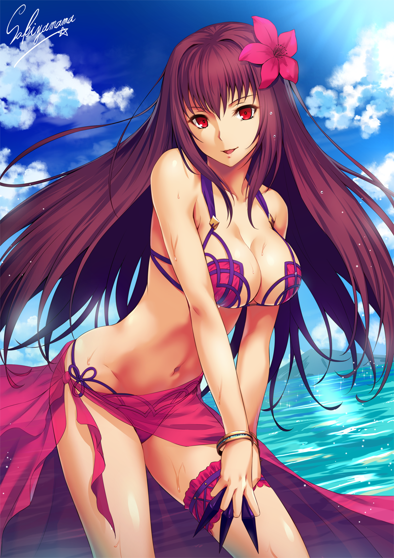 1girl :d artist_name bangle bangs bare_arms bare_shoulders between_fingers bikini blue_sky bracelet breasts cleavage clouds collarbone cowboy_shot day dutch_angle fate/grand_order fate_(series) flower from_side groin hair_flower hair_intakes hair_ornament happy hibiscus hill hips holding holding_weapon jewelry kunai large_breasts leaning_forward leg_garter legs_apart light_particles light_rays long_hair looking_at_viewer navel ocean open_mouth outdoors pink_bikini pink_flower purple_hair red_eyes sakiyamama sarong scathach_(fate/grand_order) scathach_(swimsuit_assassin)_(fate) see-through sidelocks signature sky smile solo standing star stomach string_bikini sunbeam sunlight swimsuit v_arms very_long_hair water weapon wet
