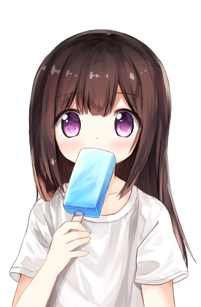 1girl bangs blush brown_hair collarbone covered_mouth eyebrows_visible_through_hair food hair_between_eyes holding holding_food long_hair original popsicle shirt short_sleeves simple_background solo upper_body violet_eyes white_background white_shirt yuuhagi_(amaretto-no-natsu)
