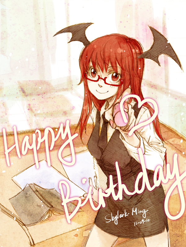 1girl artist_name bat_wings bespectacled book commentary_request cowboy_shot dated desk dress_shirt english eyebrows_visible_through_hair fourth_wall glasses hair_between_eyes happy_birthday head_wings heart koakuma light_particles long_hair long_sleeves looking_at_viewer marker nail_polish open_book paper pencil_skirt red-framed_eyewear red_eyes redhead semei_(skylarkmei) semi-rimless_eyewear shirt side_slit skirt skirt_set smile solo standing touhou vest white_shirt wings