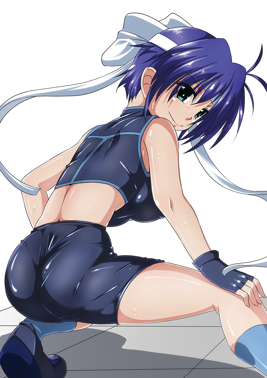 1girl ankle_socks aqua_eyes ass bare_shoulders bike_shorts blue_hair breasts closed_mouth crop_top eyebrows_visible_through_hair fingerless_gloves from_behind gloves headband highres large_breasts looking_at_viewer looking_back lyrical_nanoha mahou_shoujo_lyrical_nanoha_strikers shiny shiny_clothes shiny_hair shiny_skin shoes short_hair simple_background single_fingerless_glove sleeveless smile solo stretch subaru_nakajima sweat tappa_(esperanza) white_background