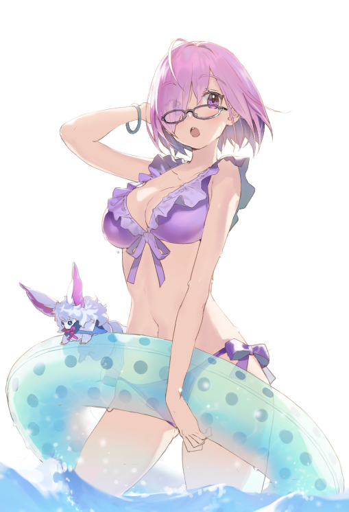 1girl alternate_costume arm_behind_head bikini blush breasts fate/grand_order fate_(series) fou_(fate/grand_order) frilled_bikini frills glasses inflatable_toy kanzarin_(hoochikiss) large_breasts looking_at_viewer mash_kyrielight navel open_mouth panties pink_hair purple_bikini short_hair side-tie_panties simple_background solo standing swimsuit underwear upper_body violet_eyes wading water white_background