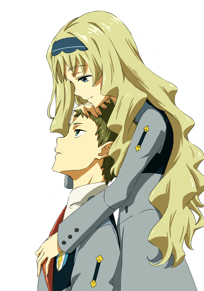 1boy 1girl behind_another blonde_hair blue_eyes brown_hair couple cowboy_shot darling_in_the_franxx eyebrows_visible_through_hair from_side green_eyes grey_jacket grey_skirt hachi_kou hairband hand_on_another's_head hetero jacket kokoro_(darling_in_the_franxx) long_hair long_sleeves looking_at_another looking_down looking_up mitsuru_(darling_in_the_franxx) parted_lips school_uniform shirt simple_background skirt smile standing upper_body white_background white_shirt
