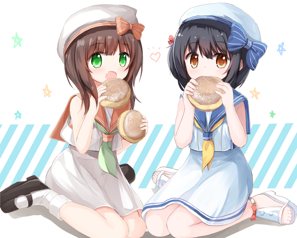 2girls bangs beret black_footwear black_hair blue_bow blue_sailor_collar blush bow brown_bow brown_eyes brown_hair brown_sailor_collar closed_eyes diagonal_stripes eating fang food green_eyes green_neckwear hair_between_eyes hat hat_bow heart holding holding_food multiple_girls neckerchief open_mouth original sailor_collar sailor_shirt shirt sitting skirt socks star striped striped_bow wariza white_footwear white_hat white_legwear white_shirt white_skirt yellow_neckwear yuuhagi_(amaretto-no-natsu)