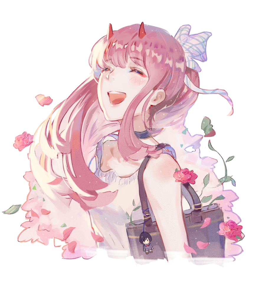 1girl atianshi bag bare_arms bare_shoulders bow character_doll choker closed_eyes darling_in_the_franxx dress eyebrows_visible_through_hair floral_background flower hair_bow hair_ribbon hiro_(darling_in_the_franxx) horns long_hair open_mouth pink_hair ponytail red_horns ribbon sleeveless sleeveless_dress solo striped striped_ribbon sundress zero_two_(darling_in_the_franxx)