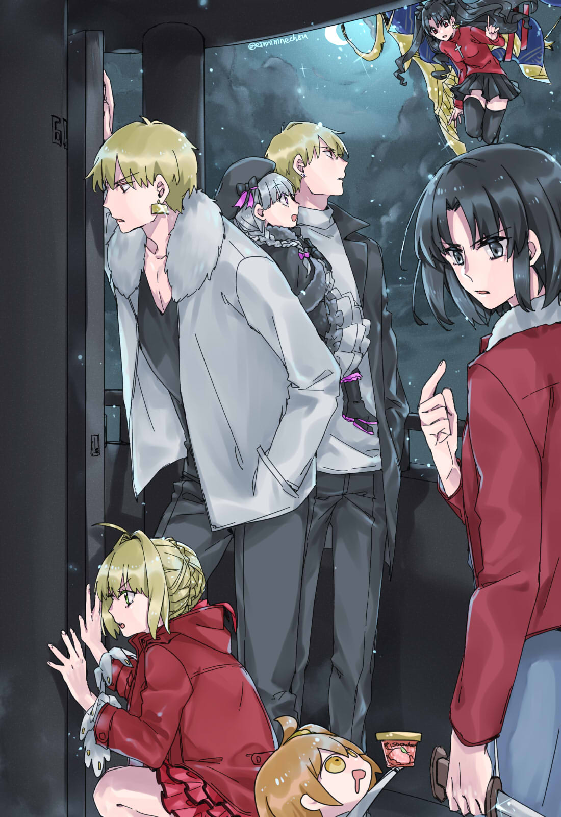 2boys 5girls 88_(einnimnech) ahoge apartment black_hair black_legwear black_skirt blonde_hair casual commentary_request crescent_moon drooling dual_persona earrings fate/grand_order fate_(series) flying food fujimaru_ritsuka_(female) fur_trim gilgamesh gilgamesh_(caster)_(fate) gleam green_eyes grey_eyes hand_in_pocket highres holding holding_knife ice_cream ishtar_(fate/grand_order) jacket japanese_clothes jewelry kimono knife leather leather_jacket long_sleeves looking_at_another looking_up moon multiple_boys multiple_girls nero_claudius_(fate) nero_claudius_(fate)_(all) night night_sky nursery_rhyme_(fate/extra) open_clothes open_jacket open_mouth orange_eyes orange_hair pants pointing pointing_at_self red_eyes red_jacket riyo_(lyomsnpmp)_(style) ryougi_shiki short_hair silver_hair skirt sky squatting star_(sky) thigh-highs twintails twitter_username