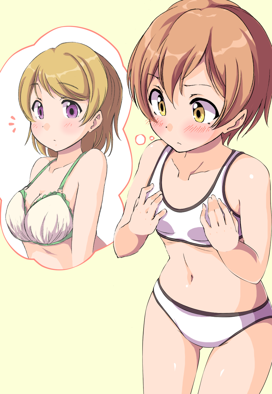 2girls bare_legs bare_shoulders bra breast_envy collarbone highres hoshizora_rin koizumi_hanayo lingerie love_live! love_live!_school_idol_project midriff multiple_girls sen_(sen0910) short_hair sports_bra underwear underwear_only violet_eyes yellow_eyes