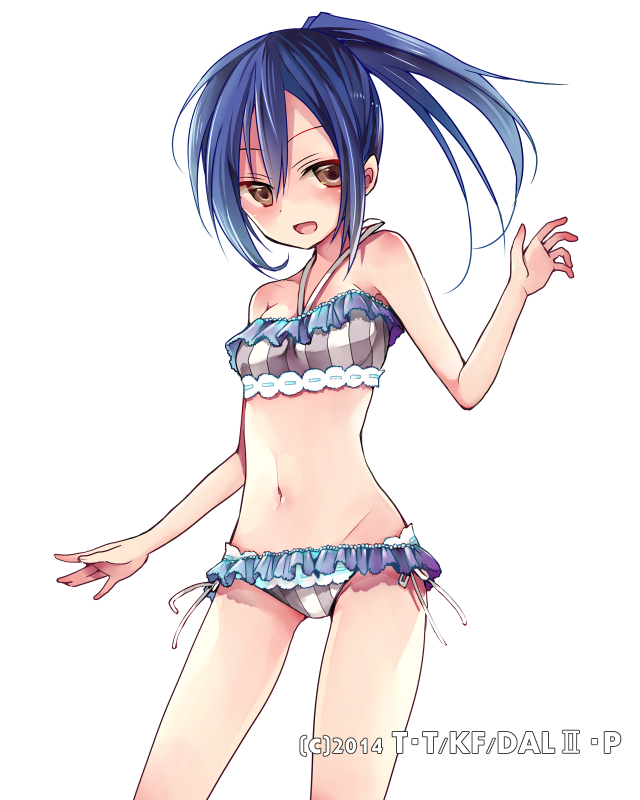 1girl :d bikini blue_hair blush breasts brown_eyes collarbone cowboy_shot date_a_live floating_hair frilled_bikini frills groin hair_between_eyes hibiki_mio long_hair navel open_mouth side-tie_bikini side_ponytail simple_background small_breasts smile solo standing striped swimsuit takamiya_mana vertical-striped_bikini vertical_stripes white_background