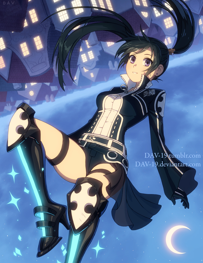 1girl black_hair breasts crescent_moon d.gray-man dav-19 feet_out_of_frame legs lenalee_lee long_sleeves medium_breasts moon night night_sky sky sleeves_past_wrists smile solo star_(sky) starry_sky tied_hair twintails upside-down violet_eyes watermark web_address