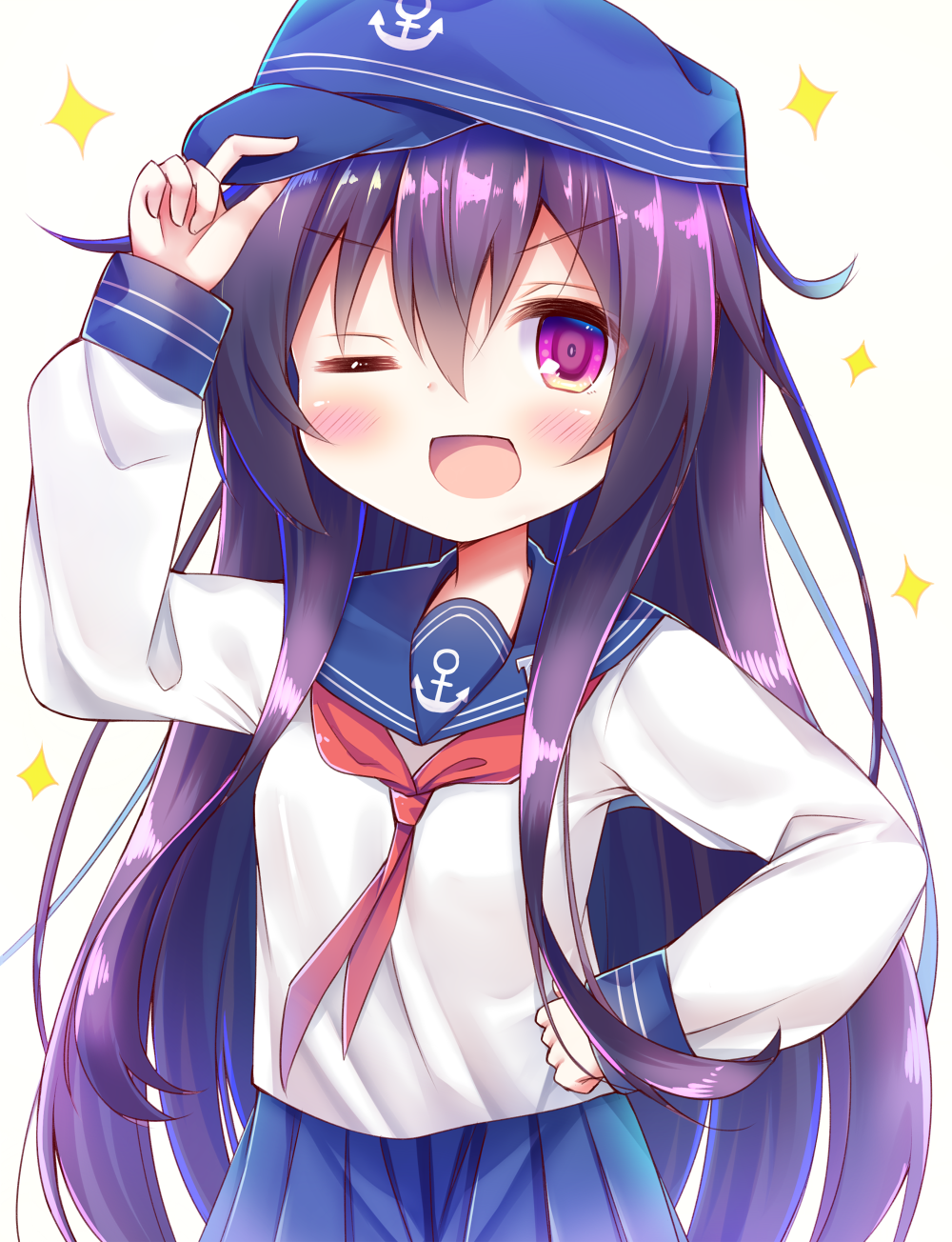 1girl ;d akatsuki_(kantai_collection) anchor_symbol arm_up bangs blue_hat blue_sailor_collar blue_skirt blush commentary_request esureki eyebrows_visible_through_hair flat_cap hair_between_eyes hand_on_headwear hand_on_hip hat highres kantai_collection long_hair long_sleeves looking_at_viewer neckerchief one_eye_closed open_mouth pleated_skirt purple_hair red_neckwear sailor_collar school_uniform serafuku shirt simple_background skirt sleeves_past_wrists smile solo sparkle very_long_hair violet_eyes white_background white_shirt