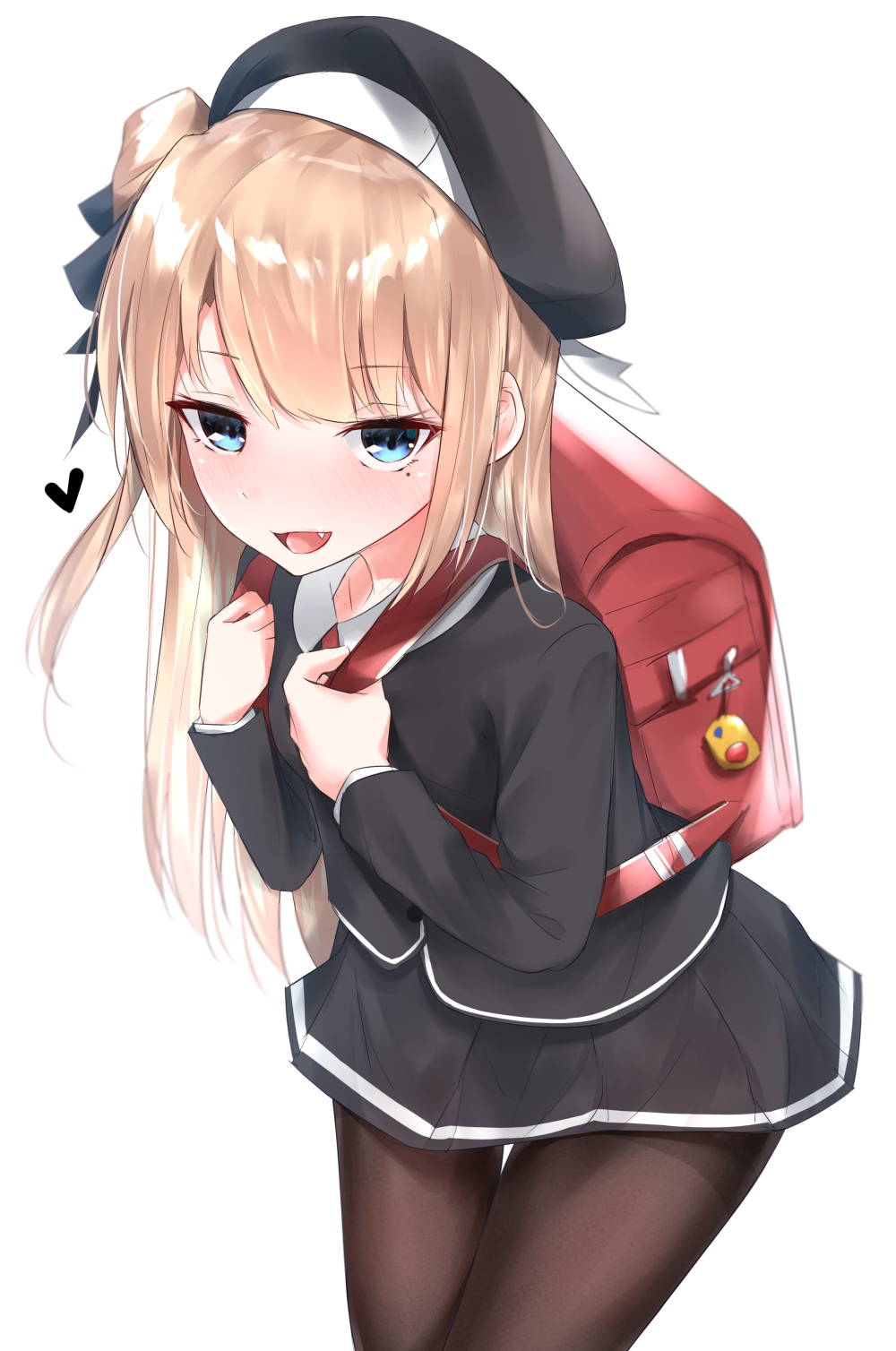 1girl :d backpack bag bangs beret black_hat black_legwear black_shirt black_skirt blue_eyes blush collarbone collared_shirt eyebrows_visible_through_hair fang hands_up hat heart highres holding kanju light_brown_hair long_hair looking_at_viewer mole mole_under_eye one_side_up open_mouth original pantyhose pleated_skirt randoseru school_uniform shirt simple_background skirt smile solo thighband_pantyhose very_long_hair white_background