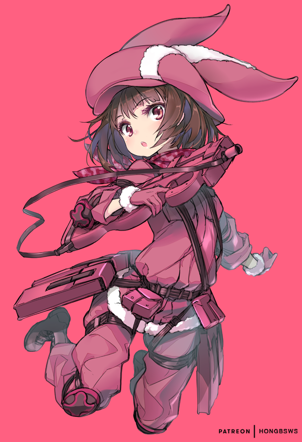 1girl animal_ears animal_hat bangs black_footwear boots brown_hair bullpup bunny_hat commentary_request eyebrows_visible_through_hair fur-trimmed_gloves fur_trim gloves gun hat holding holding_gun holding_weapon hong_(white_spider) jacket llenn_(sao) long_sleeves p-chan_(sao) p90 pants parted_lips patreon_username pink_background pink_gloves pink_hat pink_jacket pink_pants rabbit_ears red_eyes short_hair simple_background solo submachine_gun sword_art_online sword_art_online_alternative:_gun_gale_online upper_teeth watermark weapon