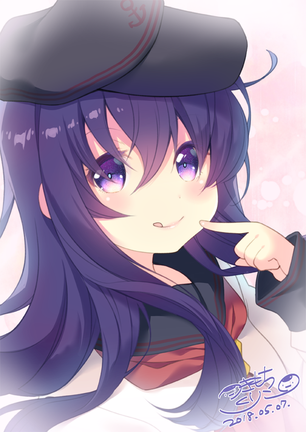 1girl :q akatsuki_(kantai_collection) anchor_symbol bangs black_hat black_sailor_collar blush closed_mouth commentary_request dated eyebrows_visible_through_hair flat_cap hair_between_eyes hat kantai_collection long_sleeves looking_at_viewer neckerchief purple_hair red_neckwear remodel_(kantai_collection) sailor_collar school_uniform serafuku shirt signature smile solo tongue tongue_out tsukimochikuriko_(tsukimochi_k) violet_eyes white_shirt