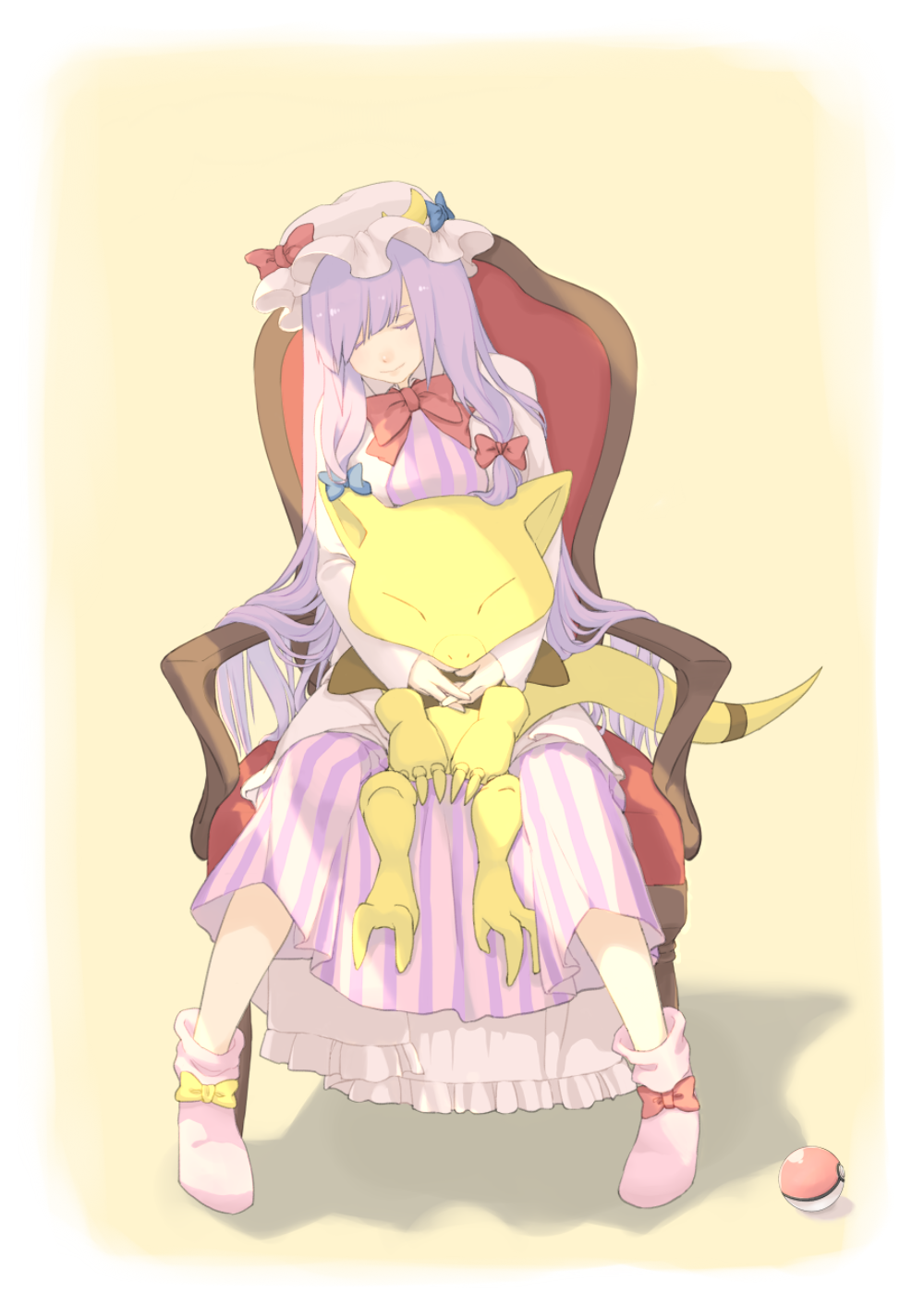 1girl abra bangs blue_bow bobby_socks bow bowtie chair closed_eyes closed_mouth crescent_moon dress full_body gen_1_pokemon hat hat_bow hat_ornament highres legs_apart long_hair long_sleeves mob_cap moon patchouli_knowledge pink_legwear poke_ball poke_ball_(generic) pokemon pokemon_(creature) purple_hair red_bow red_neckwear shadow sitting sleeping smile socks solo straight_hair striped swept_bangs touhou ueno_(sakumogu-029) vertical-striped_dress vertical_stripes very_long_hair white_dress white_hat yellow_bow