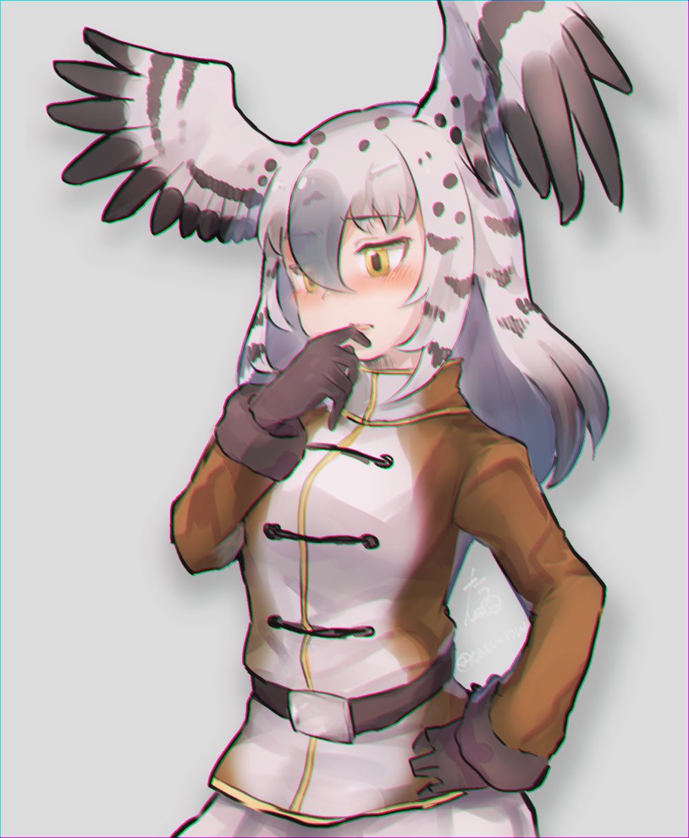 1girl belt bird_wings black_hair blush coat commentary_request cowboy_shot embarrassed eyebrows_visible_through_hair gloves grey_hair hand_on_hip head_wings highres kemono_friends long_hair long_sleeves martial_eagle_(kemono_friends) multicolored_hair nose_blush solo tatsuno_newo wings