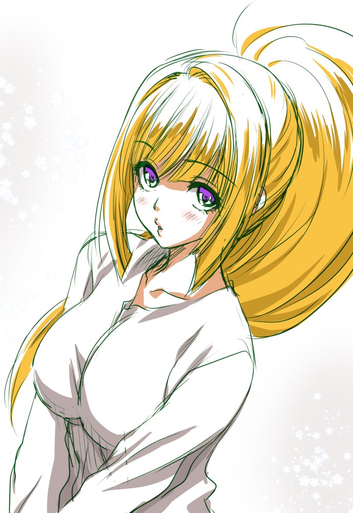 1girl :o bangs big_hair blonde_hair blush breasts eyebrows_visible_through_hair gundam gundam_tekketsu_no_orphans impossible_clothes impossible_shirt kudelia_aina_bernstein large_breasts lips long_hair long_sleeves looking_at_viewer mitarashi_kousei shirt sidelocks simple_background sketch solo upper_body violet_eyes white_background