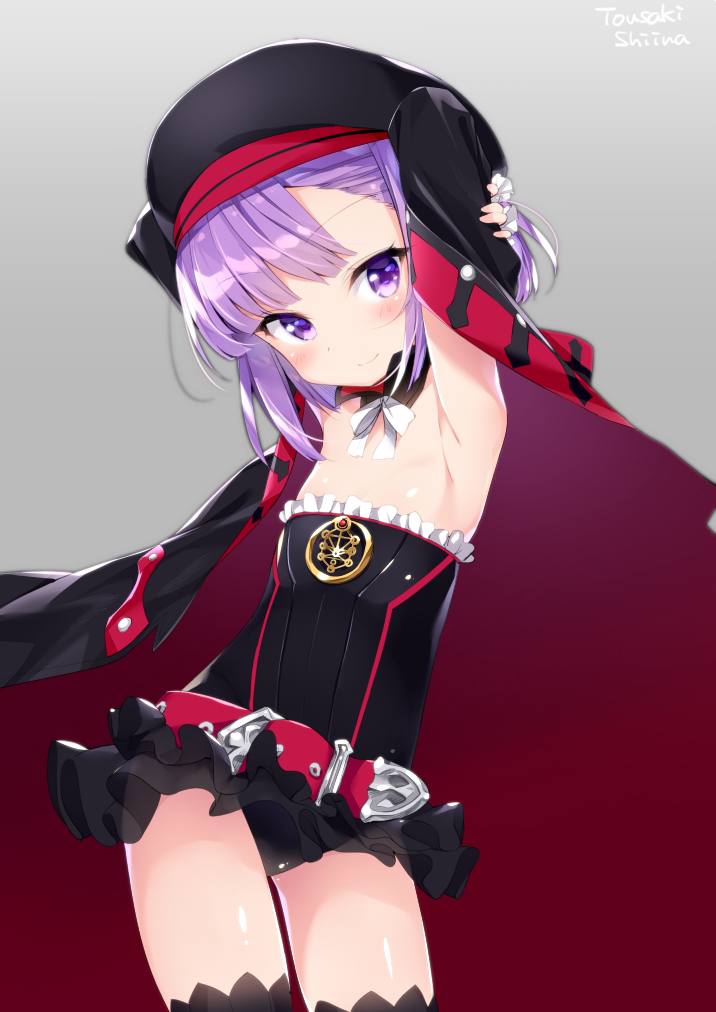 1girl armpits artist_name bangs belt belt_buckle beret black_collar black_dress black_hat black_jacket black_legwear blush bow buckle closed_mouth detached_collar dress eyebrows_visible_through_hair fate/grand_order fate_(series) frilled_dress frills grey_background hat head_tilt helena_blavatsky_(fate/grand_order) jacket looking_at_viewer open_clothes open_jacket purple_belt purple_hair simple_background smile solo strapless strapless_dress thigh-highs tousaki_shiina violet_eyes white_bow