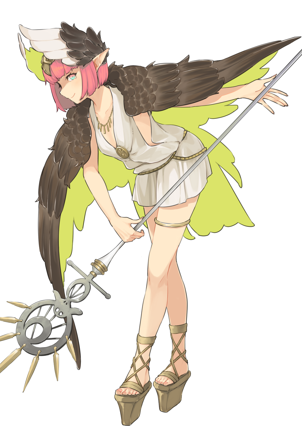 1girl bangs black_wings blue_eyes blunt_bangs bob_cut breasts circe_(fate/grand_order) closed_mouth collarbone dress eyelashes facing_away fate/grand_order fate_(series) feathered_wings feathers full_body highres holding holding_staff leaning leaning_forward legs_crossed multicolored multicolored_eyes palms pink_eyes pink_hair pointy_ears sandals short_dress short_hair simple_background small_breasts smile solo staff thigh_strap tiara toenails ueno_(sakumogu-029) watson_cross white_background white_dress white_wings wings